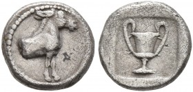 MACEDON. Mende . Circa 460-423 BC. Hemiobol (Silver, 7 mm, 0.39 g, 6 h). Forepart of donkey to right. Rev. Kantharos within incuse square. AMNG III, 1...