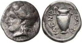 MACEDON. Mende . late 5th-early 4th century BC. Tetrobol (Silver, 13 mm, 2.07 g, 12 h). Head of young Dionysos to left, wearing ivy-wreath. Rev. MENΔ-...