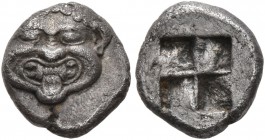 MACEDON. Neapolis . Circa 500-480 BC. Obol (Silver, 10 mm, 0.90 g). Facing head of a Gorgon with a protruding tongue. Rev. Quadripartite incuse square...