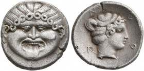 MACEDON. Neapolis . Circa 424-350 BC. Hemidrachm (Silver, 15 mm, 1.82 g, 9 h). Facing Gorgoneion with protruding tongue. Rev. N-E-O-Π Head of the nymp...
