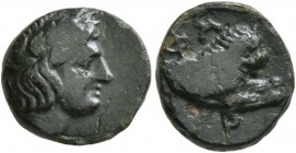 MACEDON. Phagres . Circa 400-350 BC. Chalkous (Bronze, 11 mm, 1.32 g, 3 h). Laureate head of Apollo right. Rev. ΦΑ - ΓΡ Forepart of Lion to right. Lia...