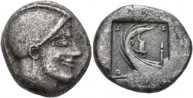 MACEDON. Skione . Circa 480-470 BC. Tetradrachm (Silver, 24 mm, 15.92 g, 3 h). Head of Protesilaos to right, wearing crested Attic helmet. Rev. Σ-K-[I...