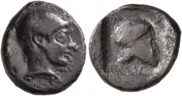 MACEDON. Skione . Circa 423. Tetrobol (Silver, 12 mm, 1.92 g, 10 h), Phoenician standard. Male head to right, wearing tainia. Rev. Σ-K-I-Ω (retrograde...