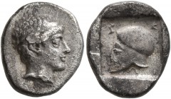 MACEDON. Skione . Circa 423-421 BC. Tetrobol (Silver, 13 mm, 2.07 g, 12 h), Phoenician standard. Male head with curly hair to right, wearing tainia. R...