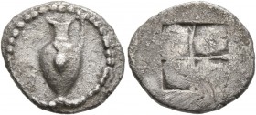 MACEDON. Terone . Circa 490-480 BC. Tetrobol (Silver, 17 mm, 2.37 g). Oinochoe, single grape cluster hanging against body. Rev. Quadripartite incuse s...