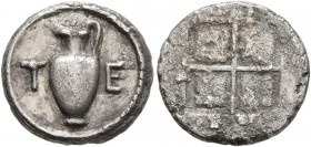 MACEDON. Terone . Circa 424-422 BC. Tetrobol (Silver, 14 mm, 2.23 g). T-E Oinochoe. Rev. Quadripartite incuse square with granulated recesses. Hardwic...