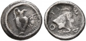 MACEDON. Terone . late 5th century BC. Obol (Silver, 8 mm, 0.41 g, 6 h). Oinochoe to right; to right, crab. Rev. T-E-P-O Forepart of goat to right. AM...