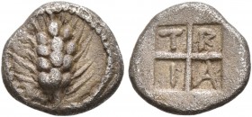 MACEDON. Tragilos . Circa 450-400 BC. 3/4 Obol (Silver, 8 mm, 0.41 g, 12 h). Grain ear. Rev. T-P-A-I in the quarters of quadripartite incuse square. A...