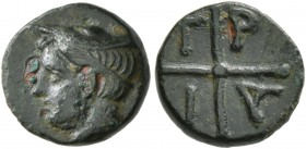 MACEDON. Tragilos . Circa 400 BC. Chalkous (Bronze, 10 mm, 0.95 g, 11 h). Head of Hermes left, wearing petasos. Rev. T-R-A-I in four quarters. SNG Cop...