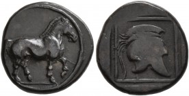 KINGS OF MACEDON. Perdikkas II, 451-413 BC. Tetrobol (Silver, 13 mm, 2.00 g, 4 h). Horse walking right. Rev. Crested helmet right within linear border...