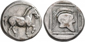 KINGS OF MACEDON. Perdikkas II, 451-413 BC. Tetrobol (Silver, 13 mm, 2.02 g, 9 h). Horse walking right. Rev. Crested helmet right within linear border...
