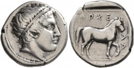 KINGS OF MACEDON. Archelaos, 413-400/399 BC. Stater (Silver, 24 mm, 10.59 g, 11 h), Aigai. Head of Apollo to right, wearing tainia. Rev. ΑΡΧΕ-ΛΑΟ Hors...