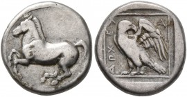 KINGS OF MACEDON. Archelaos, 413-400/399 BC. Tetrobol (Silver, 13 mm, 2.15 g, 6 h). Horse prancing left. Rev. AΡXEΛ-A-O Eagle standing left, wings spr...