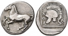 KINGS OF MACEDON. Archelaos, 413-400/399 BC. Tetrobol (Silver, 14 mm, 1.99 g, 11 h). Horse prancing left. Rev. AΡXE-Λ-A-O Crested helmet left within d...