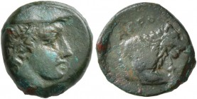 KINGS OF MACEDON. Aeropos, 398/7-395/4 BC. Chalkous (Bronze, 12 mm, 1.56 g, 1 h). Male head to right, wearing petasos. Rev. ΑΕΡΟ[ΠΟ] Forepart of lion ...