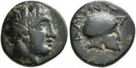 KINGS OF MACEDON. Amyntas II, 395/4-393 BC. Chalkous (Bronze, 12 mm, 1.96 g, 12 h). Male head to right. Rev. ΑΜΥΝΤΑ Corinthian helmet to right. SNG AN...