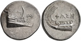 LYCIA. Phaselis . 4th century BC. Stater (Silver, 23 mm, 10.40 g, 3 h). Prow of galley to right; to right, monogram of IAPK. Rev. ΦAΣH Stern of galley...