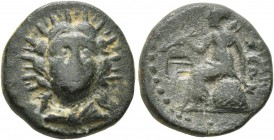 LYCIA. Telmessos . Late 3rd Century-190/89 BC. Dichalkon (Bronze, 15 mm, 3.32 g, 12 h). Draped bust of Helios facing. Rev. [TEΛM]H/ΣEΩN Apollo seated ...