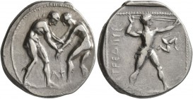 PAMPHYLIA. Aspendos . Circa 380/75-330/25 BC. Stater (Silver, 23 mm, 10.81 g, 12 h). Two nude wrestlers, standing and grappling with each other; betwe...