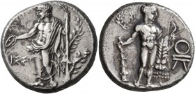 CILICIA. Issos . Circa 390-385 BC. Stater (Silver, 22 mm, 10.27 g, 7 h), signed by the artist Apatorios. IΣΣI Apollo standing facing, head left, holdi...