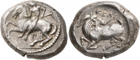 CILICIA. Kelenderis . Circa 430-420 BC. Stater (Silver, 22 mm, 10.73 g, 12 h). Youthful nude rider seated sideways on horse prancing to left, preparin...