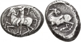 CILICIA. Kelenderis . Circa 430-420 BC. Stater (Silver, 21 mm, 10.54 g, 4 h). Nude youth, holding whip, dismounting from horse rearing left. Rev. KEΛE...