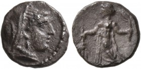 CILICIA. Mallos . Circa 385-375 BC. Obol (Silver, 9 mm, 0.63 g, 10 h). Veiled head of Demeter to right, wearing stephane, earring and necklace. Rev. D...