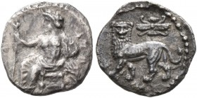 CILICIA. Tarsos . Mazaios, satrap of Cilicia, 361/0-334 BC. Obol (Silver, 11 mm, 0.62 g, 9 h). Baaltars seated left, his torso facing, holding lotus-t...