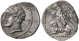 CILICIA. Uncertain . 4th Century BC. Obol (Silver, 11 mm, 0.72 g, 11 h). Youthful male head to left, wearing wreath of grain ears. Rev. Eagle, with sp...