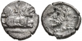 CILICIA. Uncertain . 4th Century BC. Hemiobol (Silver, 8 mm, 0.37 g, 9 h). Two lion foreparts conjoined at truncation; lotus flower(?) between heads. ...
