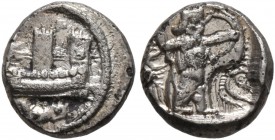 PHOENICIA. Sidon . Uncertain king, circa 435-425 BC. (Silver, 8 mm, 0.88 g, 12 h). Galley with oars, rudder and row of shields to left in front of cit...
