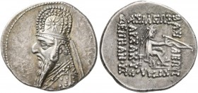 KINGS OF PARTHIA. Mithradates II, 121-91 BC. Drachm (Silver, 20 mm, 4.14 g, 12 h), Ekbatana, 96/5-93/2. Bust of Mithridates II to left, wearing tiara ...