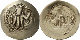 HUNNIC TRIBES, Alchon Huns. Adomano, Mid-late 5th century. Dinar (Electrum, 33 mm, 7.02 g), uncertain mint in Bactria. Kushano-Sasanian style figure s...