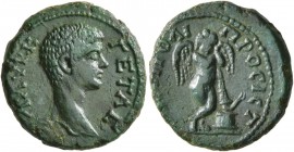 MOESIA INFERIOR. Nicopolis ad Istrum . Geta, as Caesar, 198-209. Hemiassarion (Bronze, 17 mm, 4.31 g, 1 h). Λ AYP K ΓETAC Bare head of Geta to right. ...