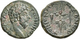 MACEDON. Koinon of Macedon . Marcus Aurelius, 161-180. Triassarion (Bronze, 24 mm, 10.32 g, 12 h). KAICAP ANTΩNEINOC Bare-headed head of Marcus Aureli...