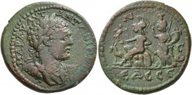 MACEDON. Edessa . Caracalla, 198-217. Triassarion (Copper, 27 mm, 11.86 g, 1 h). MAP AY AYT ANTΩNINOC Laurate, draped and cuirassed bust of Caracalla ...