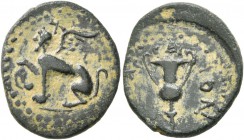 ISLANDS OFF IONIA, Chios. Pseudo-autonomous issue. Hemiassarion (Bronze, 19 mm, 3.77 g), 1st to mid 2nd Century. XIΩN Sphinx seated left, placing righ...