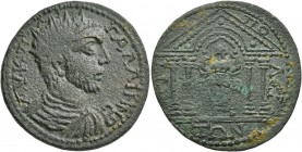 LYDIA. Tripolis . Gallienus, 253-268. Tetrassarion (Bronze, 32 mm, 15.49 g, 5 h). AY K Π ΛI ΓAΛΛIHNOC Radiate, draped and cuirassed bust of Gallienus ...