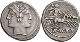 Anonymous, circa 225-214 BC. Quadrigatus - Didrachm (Silver, 23 mm, 6.71 g), uncertain mint. Laureate head of Janus. Rev. ROMA (incuse on raised table...