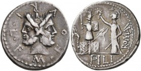 M. Furius L.f. Philus, 120 BC. Denarius (Silver, 19 mm, 3.92 g, 5 h), Rome. M FOVRI L F Laureate head of Janus. Rev. ROMA / PHI(ligate)LI Roma standin...