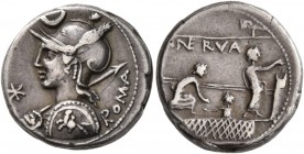 P. Nerva, 113-112 BC. (17 mm, 3.96 g, 9 h), Rome. ROMA Helmeted bust of Roma to left, holding spear over right shoulder and shield decorated with a ho...