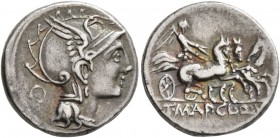 Appius Claudius Pulcher, T. Manlius Mancius and Q. Urbinius, 111-110 BC. Denarius (Silver, 18 mm, 3.91 g, 2 h), Rome. Head of Roma to right, wearing w...