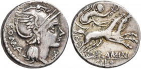 L. Flaminius Chilo, 109-108 BC. Denarius (Silver, 19 mm, 3.82 g, 6 h), Rome. ROMA - X Head of Roma to right, wearing winged helmet. Rev. L FLAMINI / C...