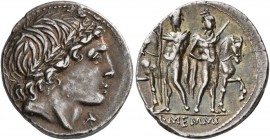 L. Memmius, 109-108 BC. Denarius (Silver, 20 mm, 3.87 g, 6 h), Rome. Male head to right, wearing wreath of oak; below chin, X. Rev. The Dioscuri stand...