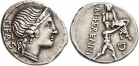 M. Herennius, 108-107 BC. Denarius (Silver, 19 mm, 3.86 g, 11 h), Rome. PIETAS Diademed head of Pietas to right. Rev. M Herenni / D· One of the Catane...