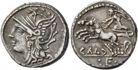 C. Coelius Caldus, 104 BC. Denarius (Silver, 19 mm, 3.95 g, 2 h), Rome. Head of Roma to left, wearing winged helmet. Rev. CALD Victory driving biga le...