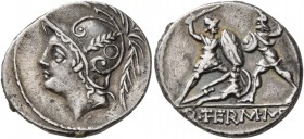 Q. Thermus M.f, 103 BC. Denarius (Silver, 19 mm, 3.76 g, 6 h), Rome. Helmeted head of Mars to left. Rev. Q THERM M F Two warriors fighting, each armed...