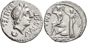 C. Malleolus, 96 BC. Denarius (Silver, 19 mm, 3.83 g, 5 h), Rome. Laureate head of Apollo to right. Rev. C MALL / ROMA Roma seated left on shields, ho...