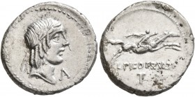 L. Calpurnius Piso Frugi, 90 BC. Denarius (Silver, 20 mm, 3.91 g, 3 h), Rome. Laureate head of Apollo to right; below chin, A. Rev. L PISO FRVGI / T H...