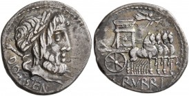 L. Rubrius Dossenus, 87 BC. Denarius (Silver, 20 mm, 3.63 g, 1 h), Rome. DOSSEN Laureate head of Jupiter right to right; behind, scepter. Rev. L RVBRI...